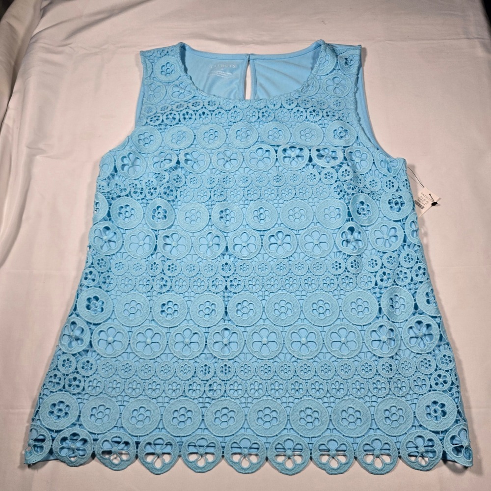 Talbots Blue Floral Lace Overlay Sleeveless Shell Top Keyhole Back Womens Medium